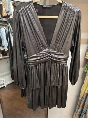 Zara Metallic Charcoal V-Neck Ruched Mini Dress